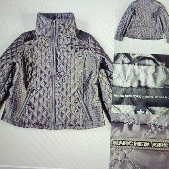 L ANDREW MARC GRAY SILVER METALLIC GRAY lightweight QUILTED COAT JACKET large - Picture 1 of 14